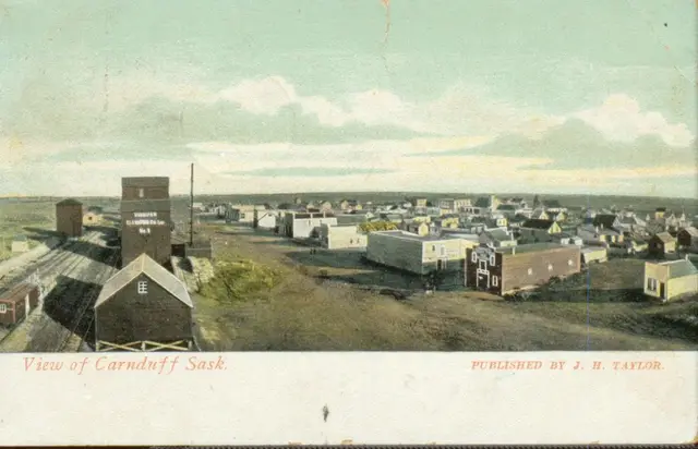 View of Carnduff from above, with elevator and railway tracks